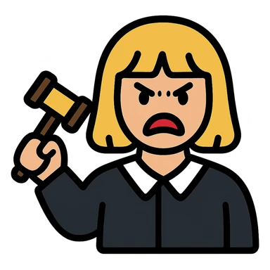 angry judge with blonde shoulder-length hair and bangs sticker