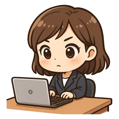 chibi cute Asian woman with brown hair, intently working at her desk, with a keyboard and a laptop sticker