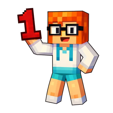 Add the number 1 held in the character's hand, keeping the original Minecraft cartoon style and pose exactly the same, only add the number 1 without changing anything else. sticker