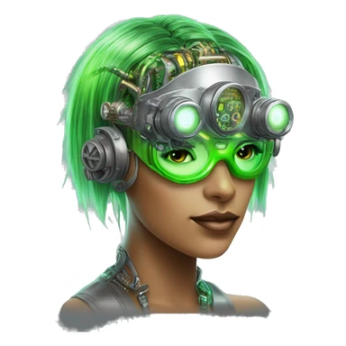 Neon green bobbed hair Latina female cyborg head with silver steampunk goggles and circuits sticker