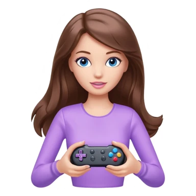 beautiful barbie girl with long brown hair, blue eyes and wearing light purple clothes playing console games with controller sticker