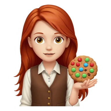 white girl scout with red long hair selling cookies with a brown vest and white shirt under vest. She should be around 10 years old sticker