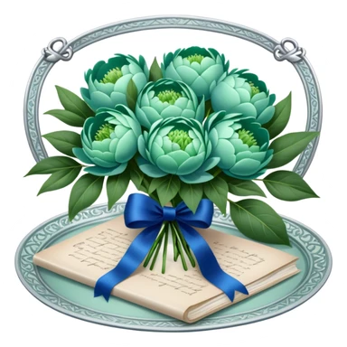 A beautifully ornate silver tray holding a bouquet of soft green peonies and a love letter tied with a deep blue ribbon. sticker