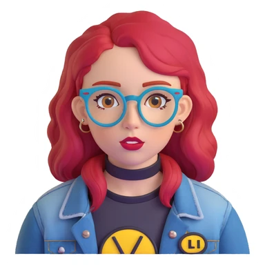 young woman with bright red hair, blue glasses, black choker, septum ring, denim jacket, yellow-red 'LIB' patch, neutral cute expression sticker