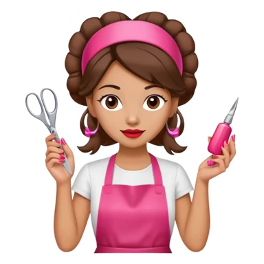 Woman with hair styled in headband, wearing red apron, holding pink nail polish in one hand and scissors in other hand, beauty salon worker sticker