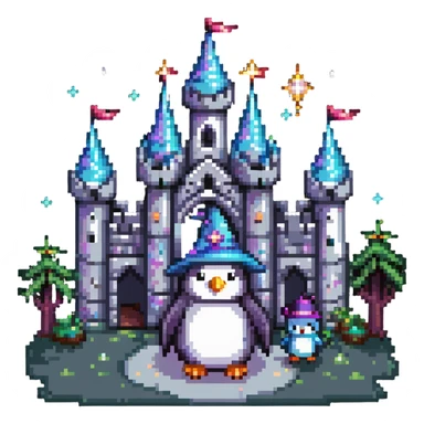 penguin wizard with magical sparkles, a unicorn, fairy, and tiny goblin companion in a pixelated fantasy world with a castle sticker