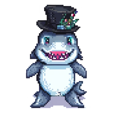 pixel art shark with a black tophat sticker