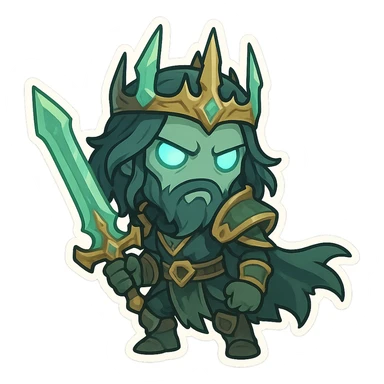 The Ruined King from League of Legends, chibi style, holding his sword, glowing eyes, no text, emoji or icon style sticker