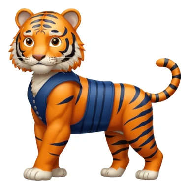 crea un tigre de cuerpo completo, que lleve un chaleco color azul marino y que en el chaleco lleve el nombre (telamon) sticker