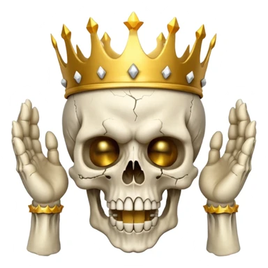 Demonic 3D skull holding its head by its two hand in shock, mouth open, wearing a golden crown, horror vibe sticker