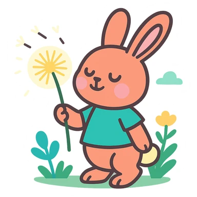 bunny holding a dandelion in the breeze, gentle spring vibe, soft pastel colors, vibrant-toon style sticker