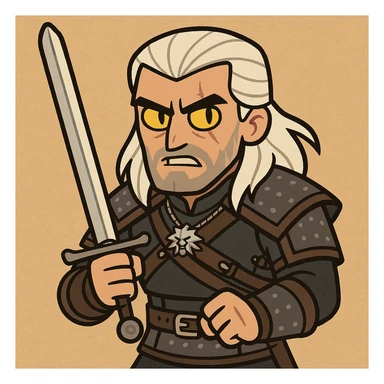 Geralt of Rivia, white hair, yellow cat eyes, holding a silver sword, stylized cartoon style sticker