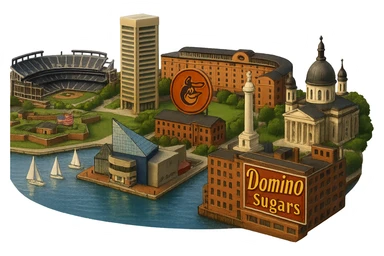 cinematic realistic emoji of Baltimore, wide city view with iconic landmarks: Inner Harbor, National Aquarium, Fort McHenry, Oriole Park at Camden Yards, M&T Bank Stadium, Baltimore Basilica, Washington Monument (Baltimore), and the Domino Sugars sign. Lifelike detail, accurate colors, bright daytime lighting, no sky, no clouds, no city name label, transparent background sticker