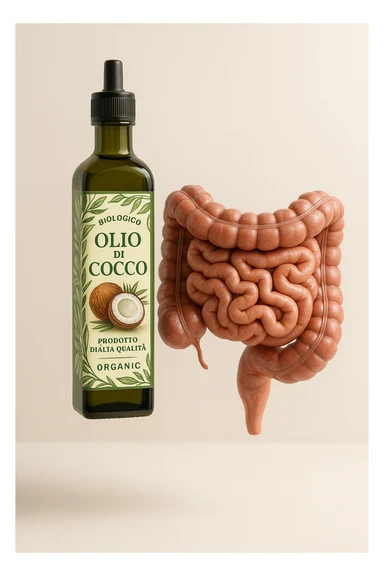BOCCETTA DI OLIO DI COCCO BIOLOGICO (FAI UN ETICHETTA SUL PRODOTTO IN ITALIANO) CHE FLUTTUA IN ARIA INSIEME A UN INTESTINO UMANO ANATOMICO IN PERFETTA SALUTE, SFONDO CHIARO, iperrealistico 4k sticker