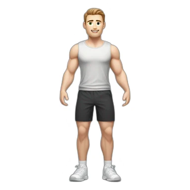 Full height Actively gesturing with hands Pale skinned Fit Man With the biceps and brown hair in dark gray Sleeveless Mike, black oversize sports shorts and white Sneakers sticker