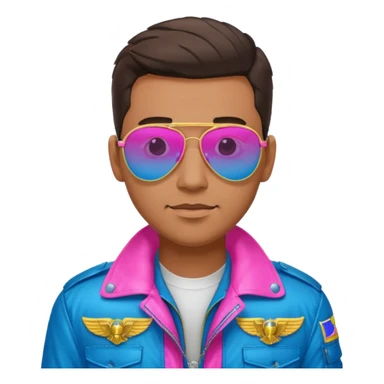 1980s cool man with stubble wearing reflective neon pink and blue aviator sunglasses and a pilot topgun jacket sticker