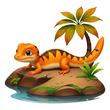 A 3D cartoon newt resting near a pond, orange and brown colors, visible tail, friendly expression, soft reflections and lighting, Memoji-style character. sticker