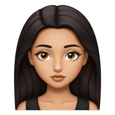 A girl, who has long black styled silk hair, tan skin. almond brown eyes that has black long lashes, small nose and full lips. and a bit of makeup like bronzer. and wearing a white tight top. long black lashes and medium arched brows. looks like a baddie. sticker