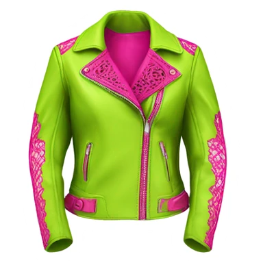 Realistic isolated side view of an open lime green fashion leather jacket with hot pink lace trim on it. sticker