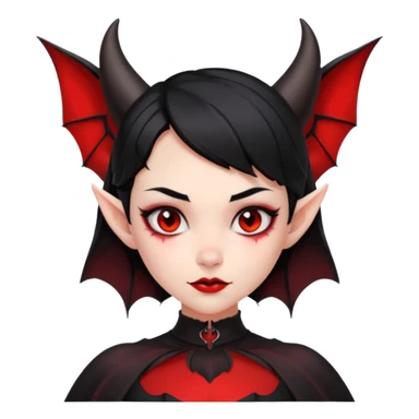 demon girl, skin 100% solid red (no pale/blush), black hair, small horns, pointed ears, bat wing, black open-back dress, bold black outlines, red+black palette sticker