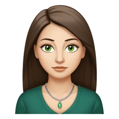 40 year old Adult woman avatar, light skin tone, oval face, long straight ashy brown hair, green almond-shaped eyes with dramatic eyelashes and minimal eyeliner, neutral mouth, medium straight eyebrows, small nose, smooth skin sticker