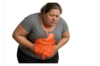 DONNA LEGGERMENTE SOVRAPPESO PIEGATA IN AVANTI FRONTALMENTE CON INTESTINO ANATOMICO IN EVIDENZA, MAL DI PANCIA iperrealistico 4k sticker