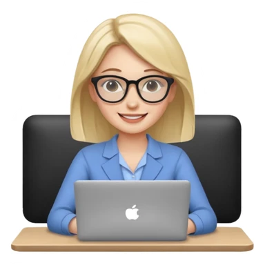 Девушка сидит на работе с ноутбуком. Она улыбается  sticker