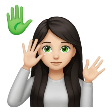 Animated girl dark long hair green eyes emoji holding right side of the head with her hand with duh facial expression  sticker