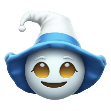Moondrop a blue and white jester animatronic with a moon-shaped face and a sleeping cap sticker