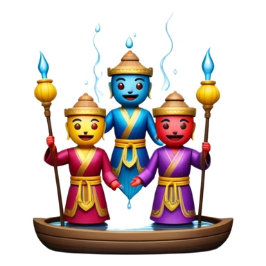 Cinematic Realistic Water Puppetry Emoji, depicted as a whimsical scene of traditional water puppets performing on a reflective water stage, rendered with vivid textures and dynamic playful lighting that captures its enchanting charm. sticker