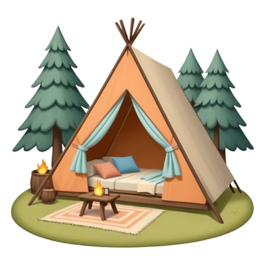 A-Frame house in a glamping setting, with a tent and outdoor furniture sticker