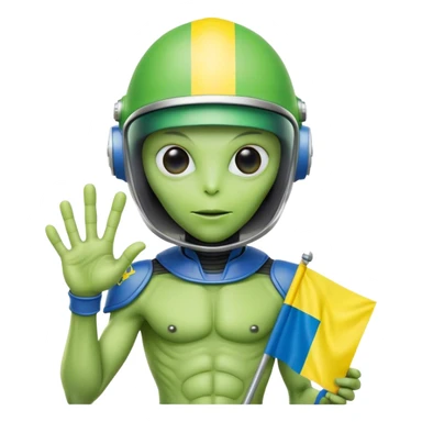 Green alien in helmet, with Ukraine flag in a hand sticker