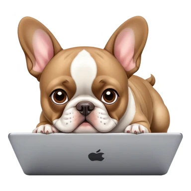 French bulldog behind laptop working sticker