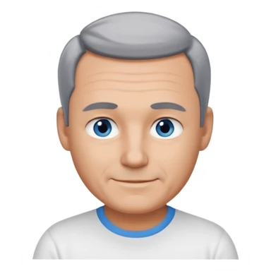 Middle aged man with tanned skin, little black to grey hair, receding hairline and no beard, blue eyes, shy smile sticker