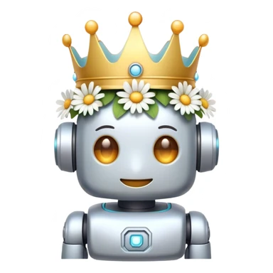 "Create a soft pastel emoji of a cute robot with a gentle smile, wearing a crown of daisies (or cherry blossoms) on its head. Add soft, glowing eyes and a warm, friendly vibe." 🌸✨ sticker