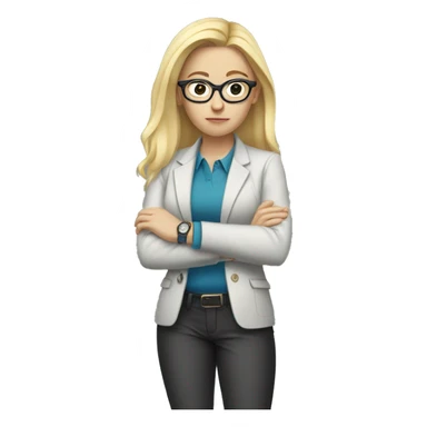 girl with white skin in a office jacket 
and glasses, blond hair, serious face, looking at her watch
 sticker