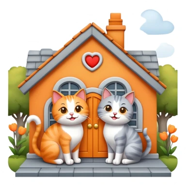 two happy cats in love, orange and gray cats, with a house behind them that has a bow on the roof, emoji style sticker