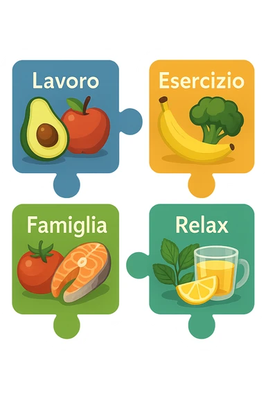 Puzzle (Lavoro, Esercizio, Famiglia, Relax), and healthy foods are integrated into each piece. in italiano sticker