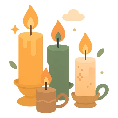 Several cute, glowing candles with flickering flames, set in a cozy and magical atmosphere, designed in a soft color palette: golden orange (FA9B41), deep forest green (4A7C5C), warm taupe brown (96775A), and pastel peach (FFCC9A). The candles are in delicate, slightly vintage holders, with the flames casting a gentle, warm glow. The wax is in shades of golden orange and peach, with subtle gradients, and small decorative patterns or tiny sparkles around them. The soft light from the candles creates a dreamy, enchanting ambiance, surrounded by tiny floating leaves or soft mist. The overall mood is serene, inviting, and magical. sticker