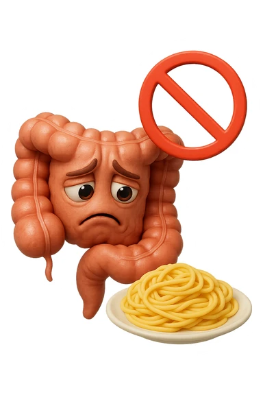 EMOJI STILE IPHONE DI un intestino umano anatomico triste mentre guarda un piatto di pasta con divieto 3d sopra: non la può mangiare, fagli anche la parte bianca degli occhi, non solo le pupille, REALISTICo 4K sticker