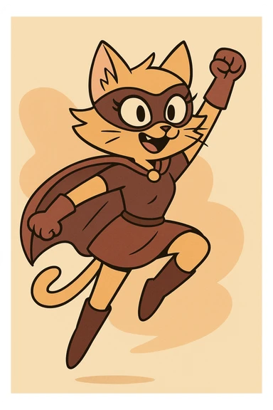 cat superhero girl, leaping in action, mask, cape, playful and brave, cartoon style sticker