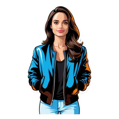 Jolie brune blouson de cuir noir t-shirt blanc sur fond noir sticker