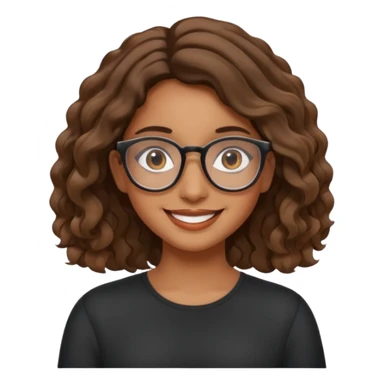 brown girl with wavy  shoulder length hair. glasses, sticker