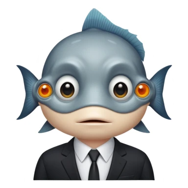 A fish man dressed in a black suit. Its face is grey fish. Just a fish. And The fish is facing upward. The fish’s neck connects smoothly with the collar of the suit. sticker