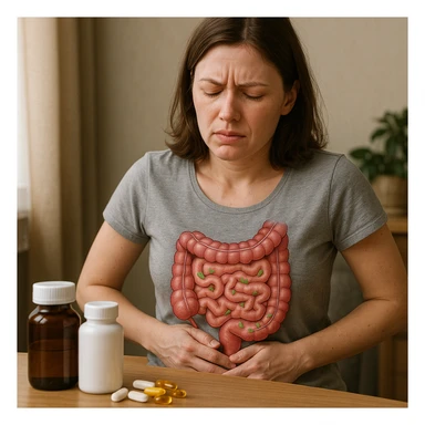 realistic style woman showing abdominal discomfort due to dysbiosis from wrong supplements, anatomical details, supplements on table, everyday atmosphere sticker