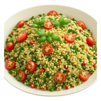 Cinematic Realistic Tabbouleh Salad Dish Emoji, showcasing a fresh herbaceous salad with bulgur, tomatoes, and parsley rendered with crisp textures and natural, vibrant lighting. sticker