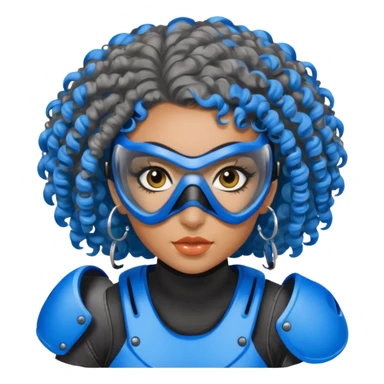 blue curly haired paintball playergirl with huge earrings, wearing paintball mask sticker