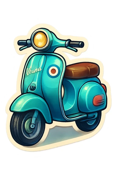 A Vespa scooter icon in a retro style, with a pastel blue body, vintage decals, and a classic round headlight. sticker