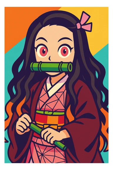 Nezuko Kamado, pink eyes, kimono, bamboo, vibrant toon style sticker