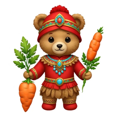 teddy bear, wearing red mayan ancient custome, with carrot sticker